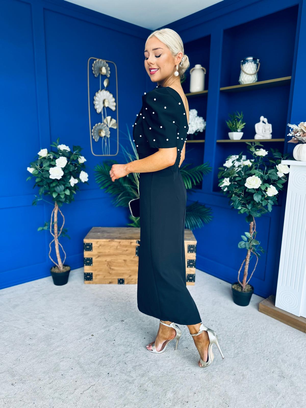 April Pearl Embellished Occasion Midi Dress Black