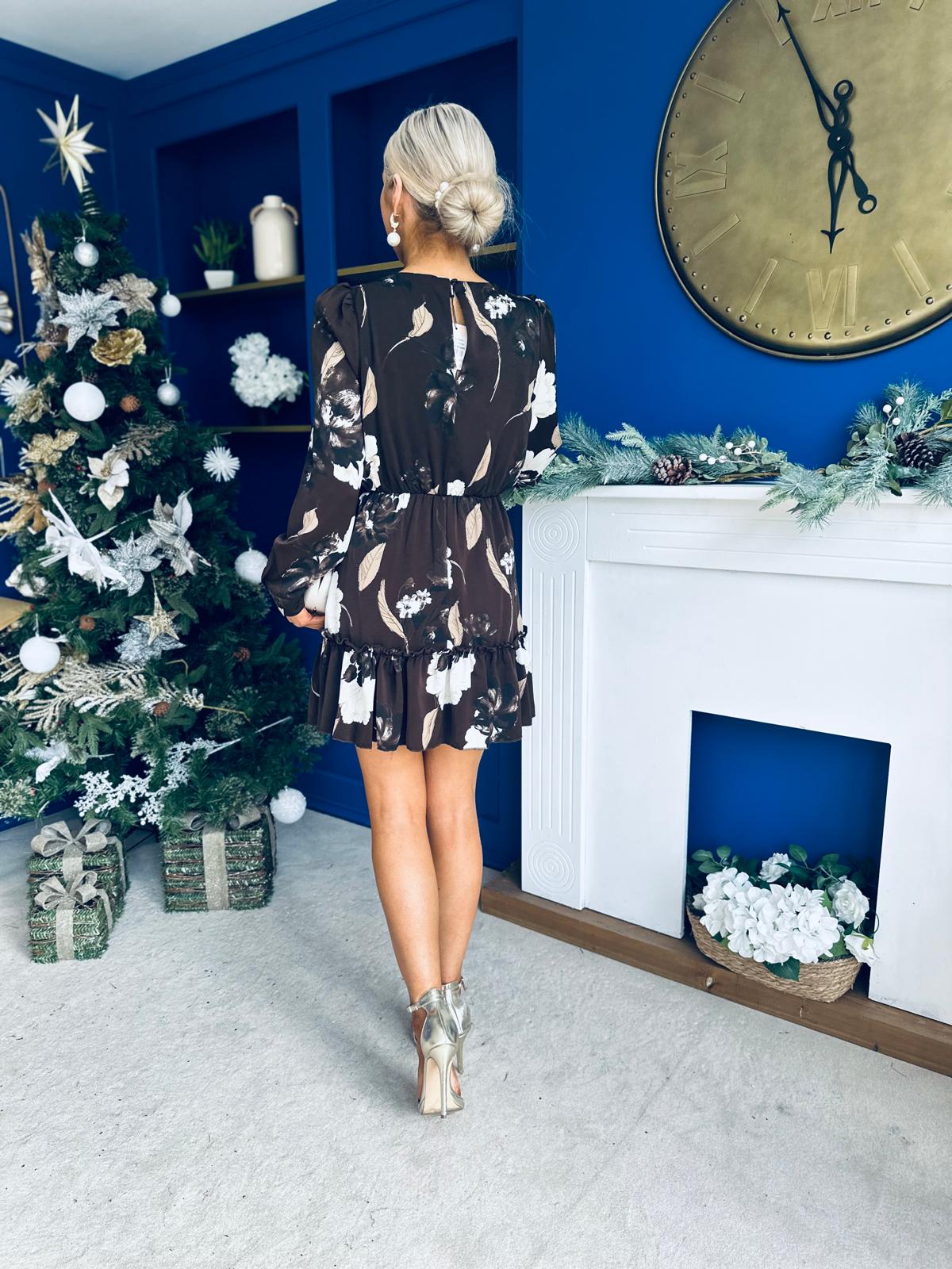 Crystal Long Sleeve Frill Skirt Mini Dress Brown Floral