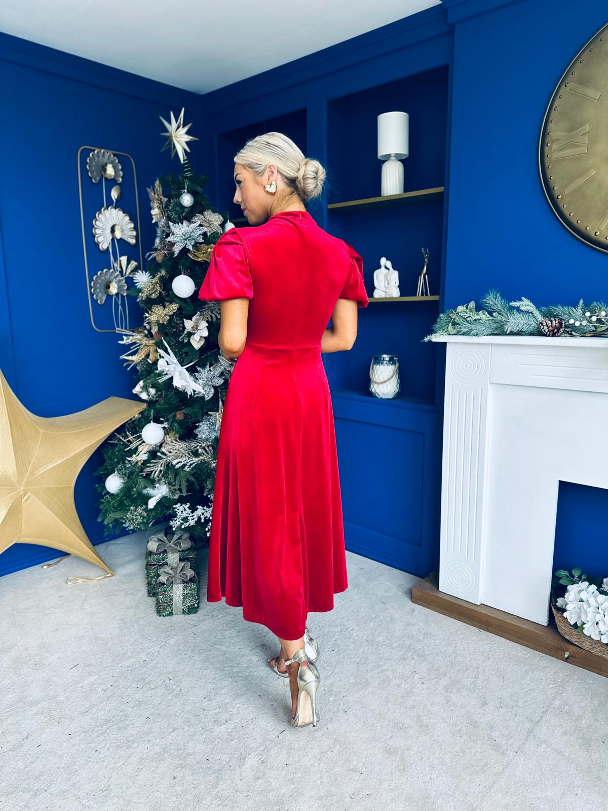 Stacey Velvet Occasion Midi Dress Red