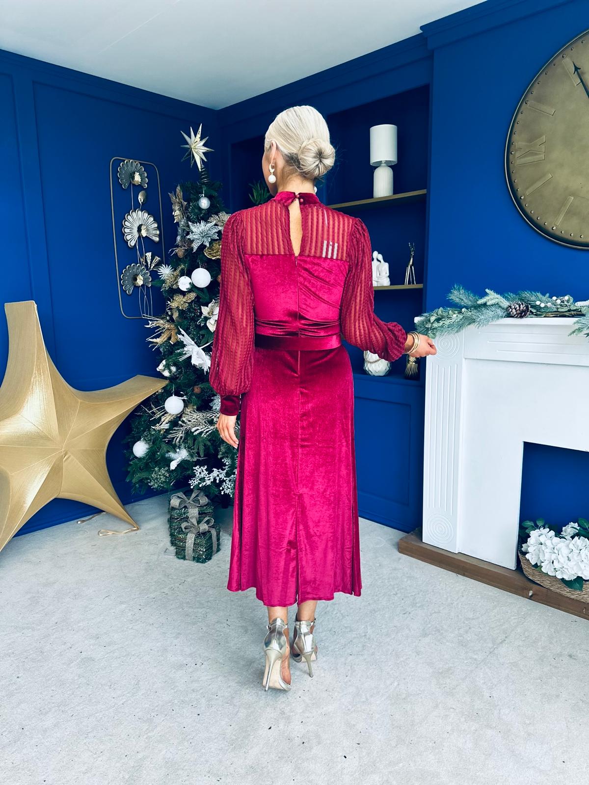 Kayla Velvet Detail Occasion Midi Dress Wine