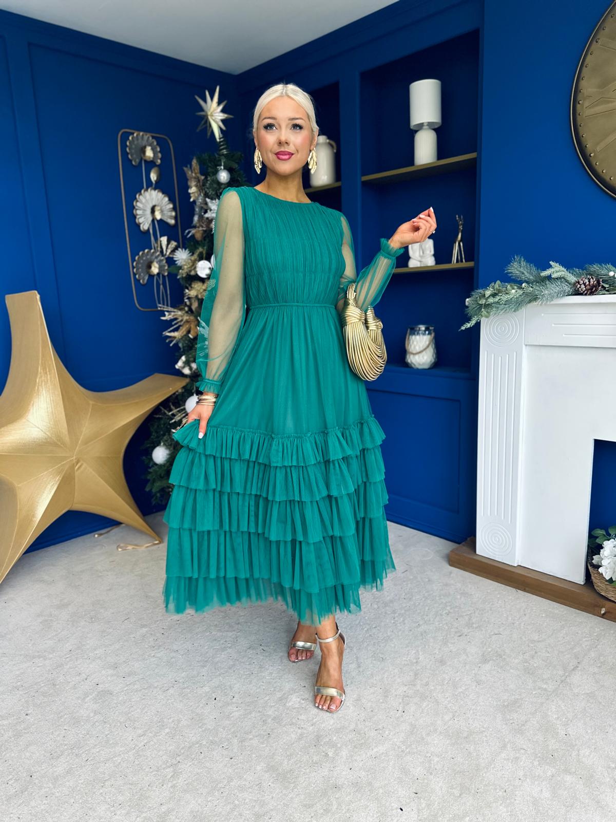 jacquard layered tulle dress　S Bianca Layered Occasion Tulle Dress Emerald – Canella Lane