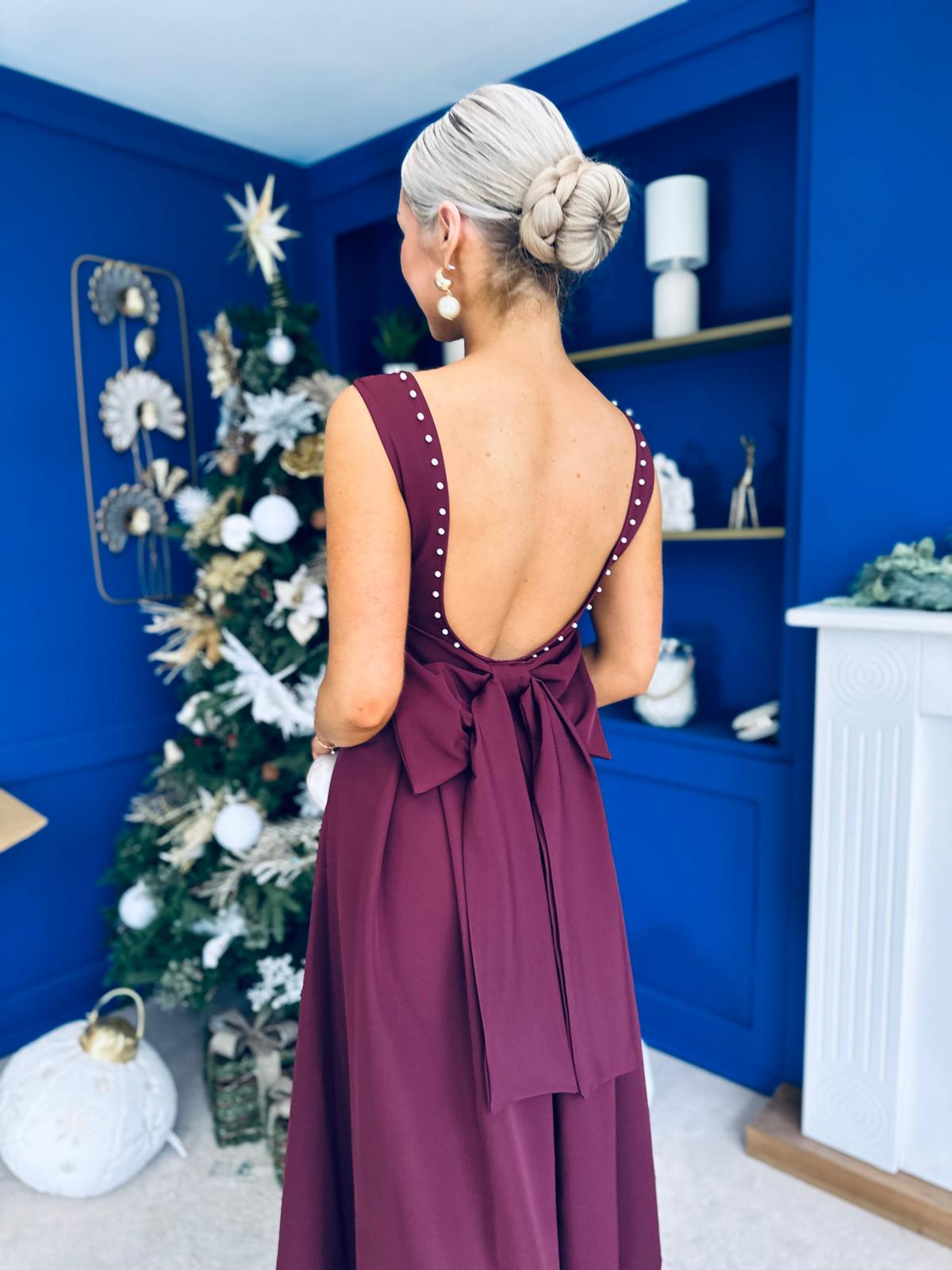 Harper Pearl & Bow Detail Midi Dress Burgundy