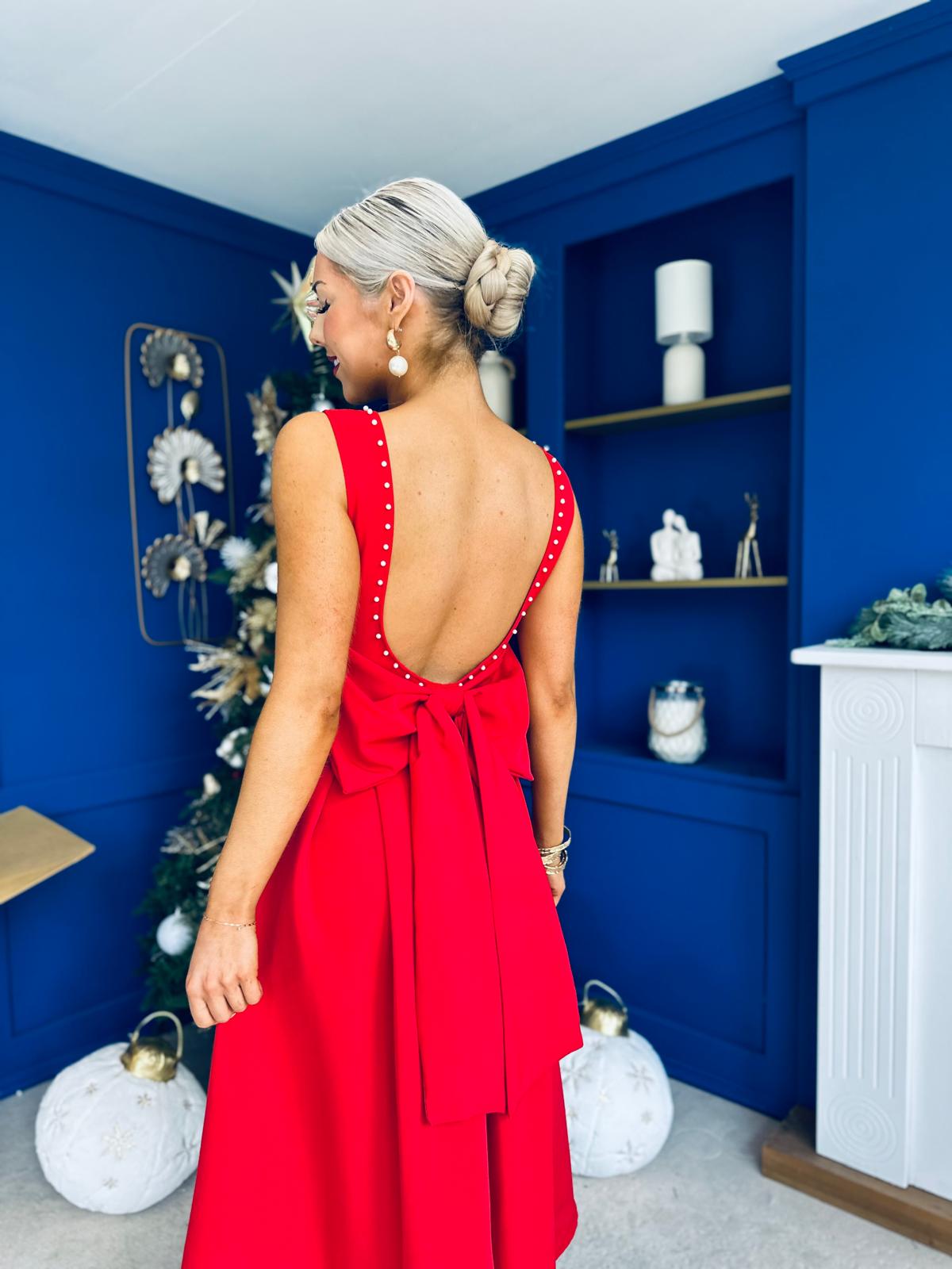 Harper Pearl & Bow Detail Midi Dress Red