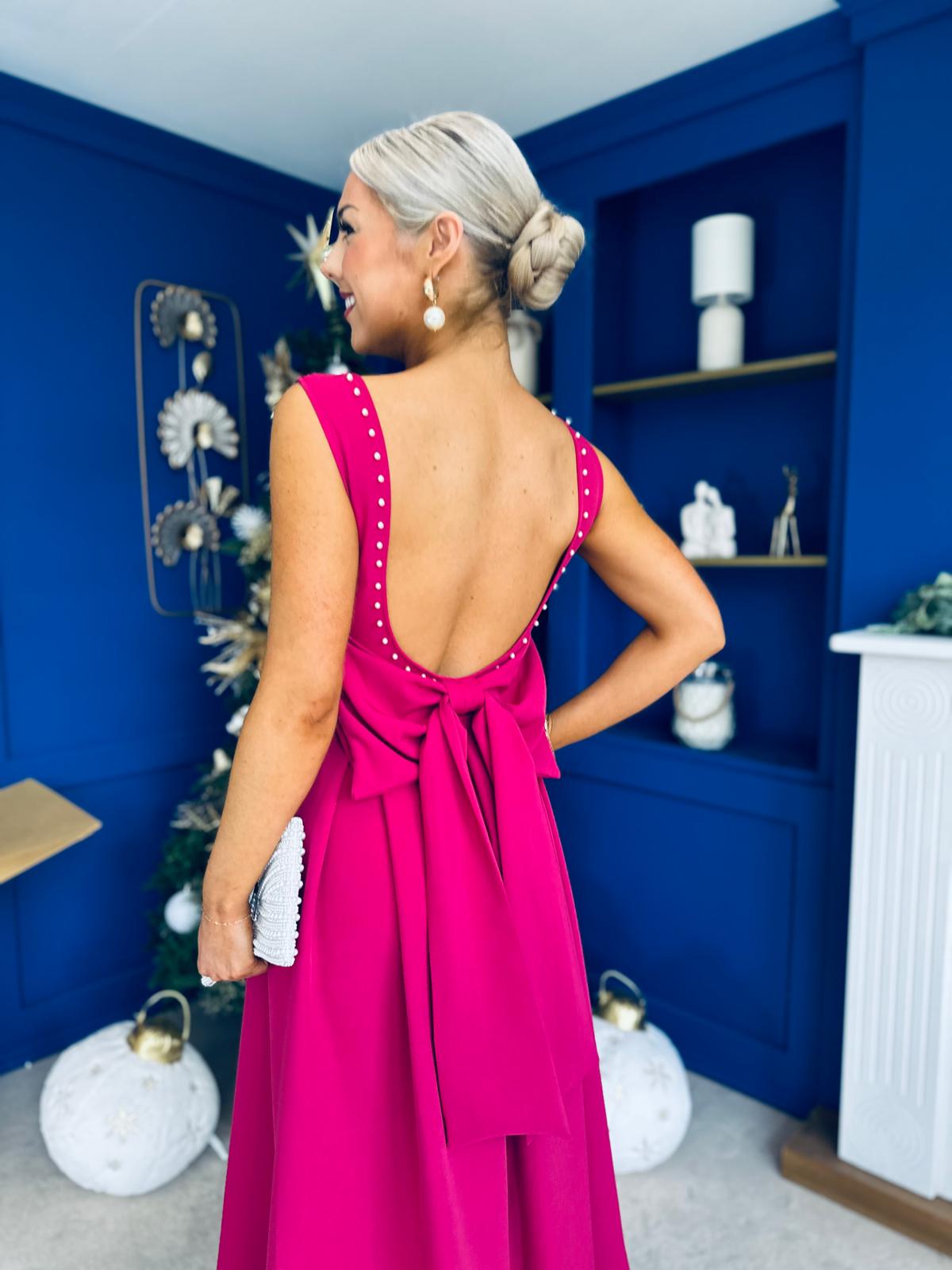 Harper Pearl & Bow Detail Midi Dress Raspberry