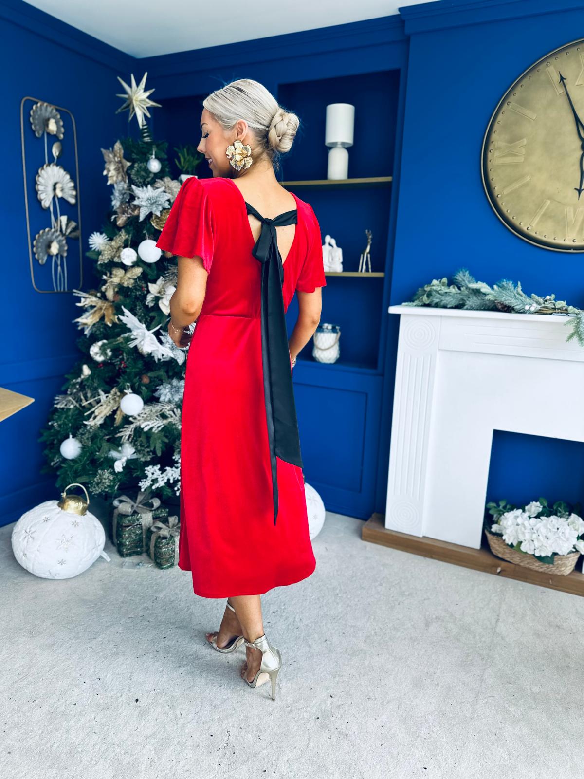 Jessica Angel Sleeve Bow Detail Velvet Dress Red