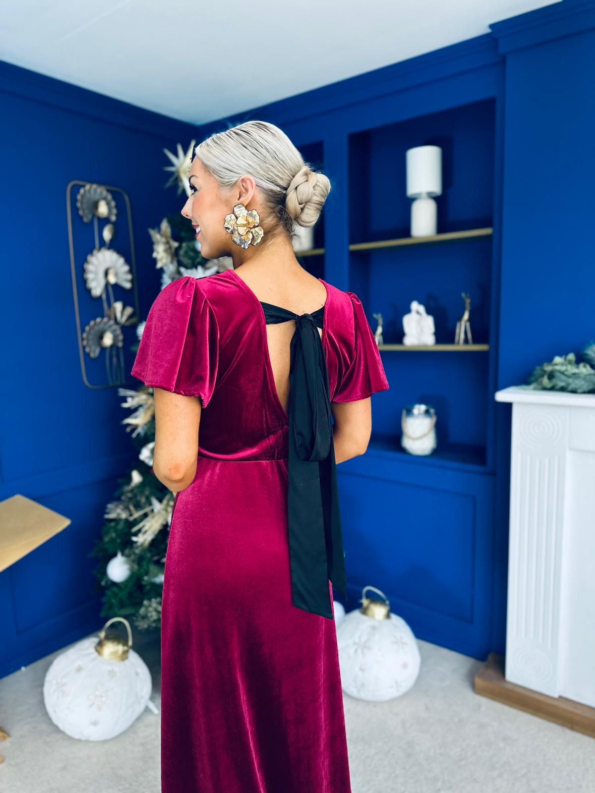 Jessica Angel Sleeve Bow Detail Velvet Dress Wine