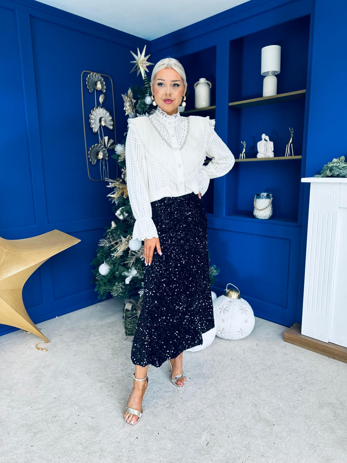 Joan Diamante & Pearl Detail Blouse Cream