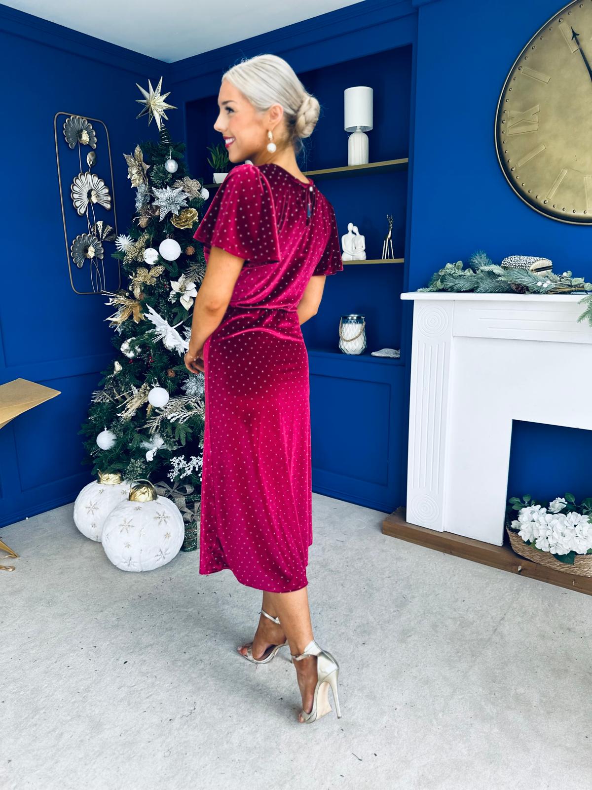 Aideen Angel Sleeve Studded Velvet Dress Wine