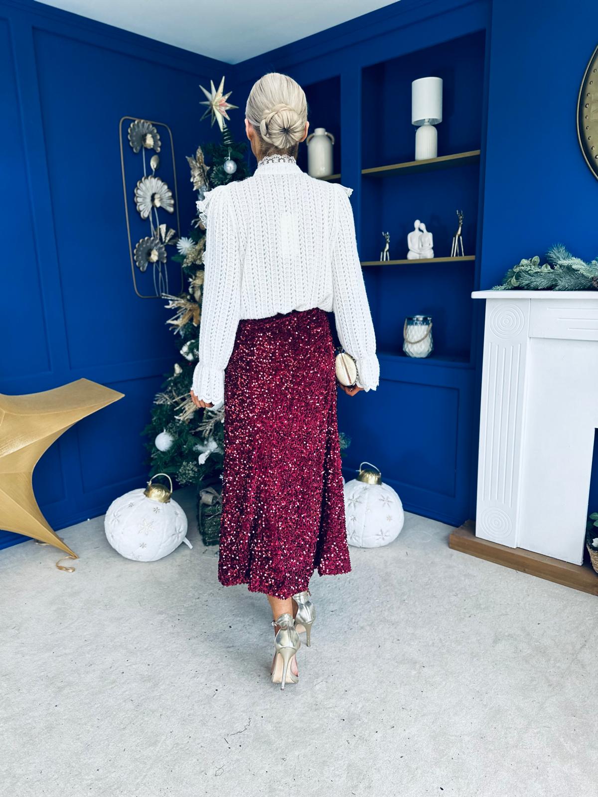 Shauna Sequin Midi Skirt Burgundy