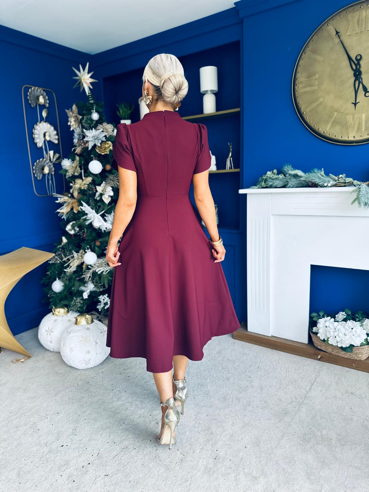 Katisha Tulip Sleeve High Neck Midi Dress Burgundy