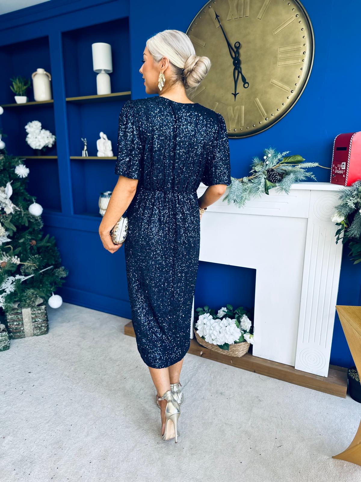Carrie Sequin Occasion Midi Dress Navy