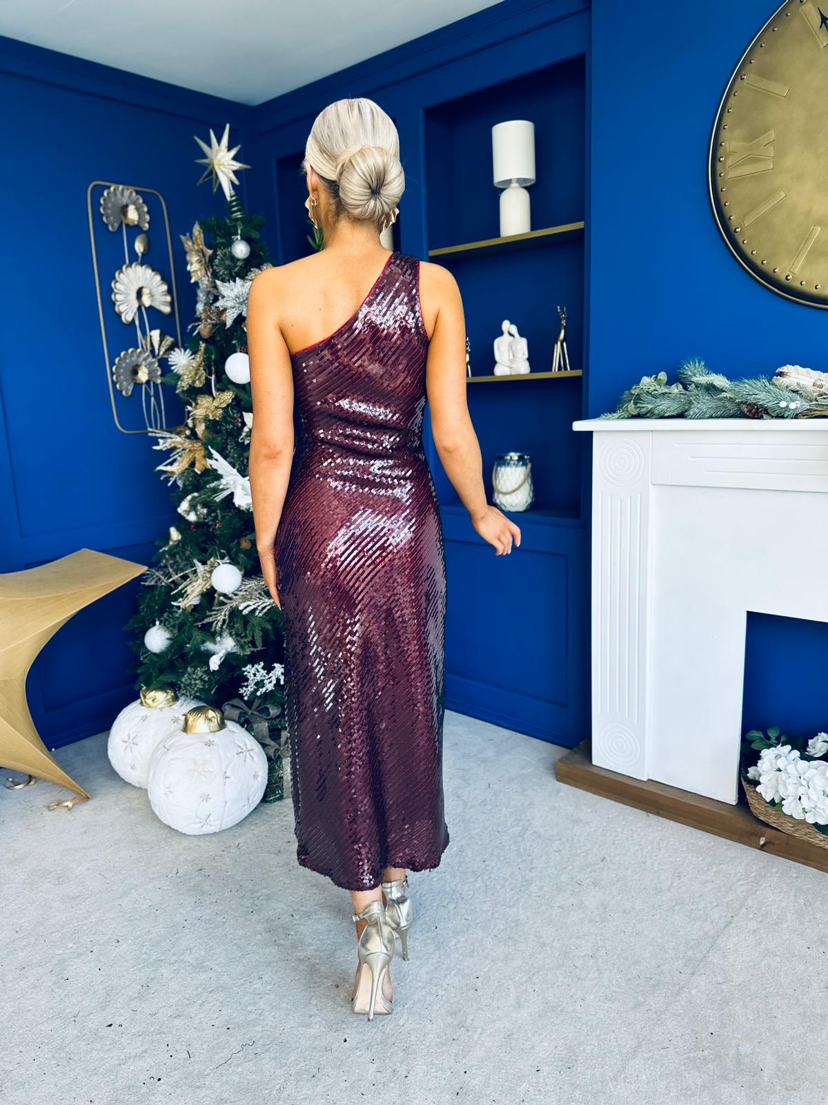 Ramona One Shoulder Sequin Maxi Dress Wine