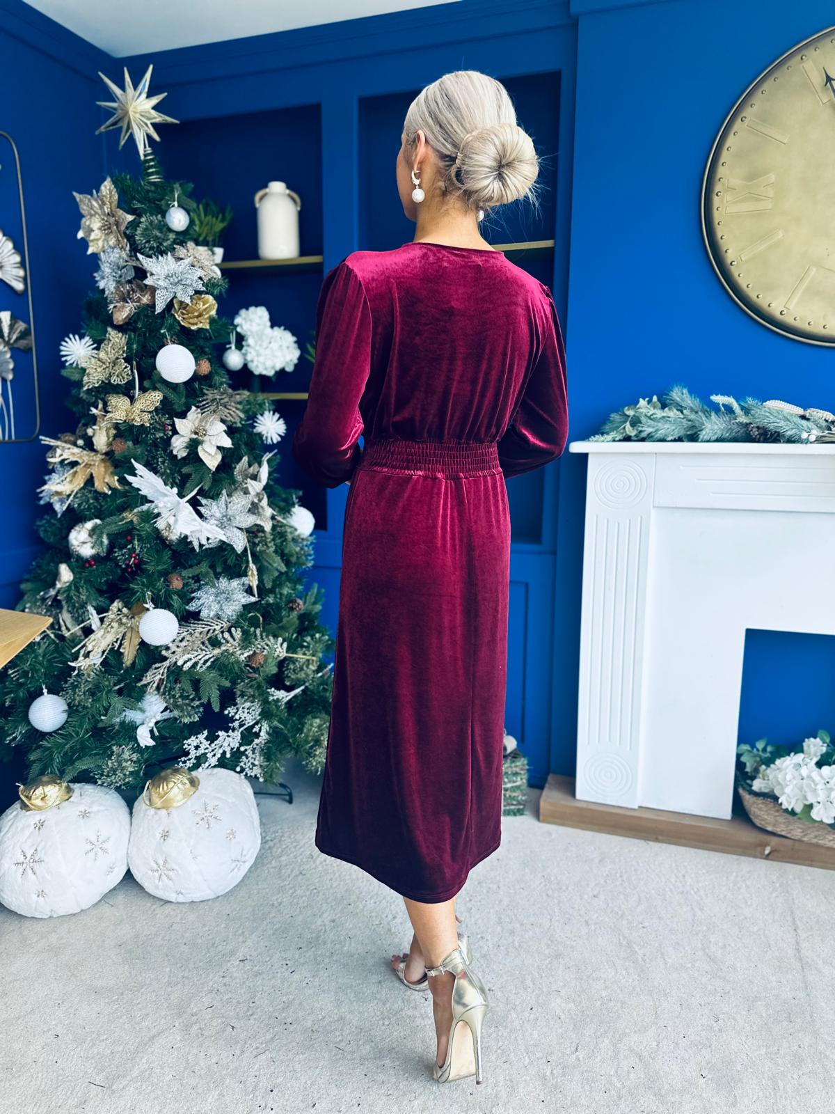 Doireann Pearl Button Velvet Midi Dress Wine Pre Order Arriving 28 Nov