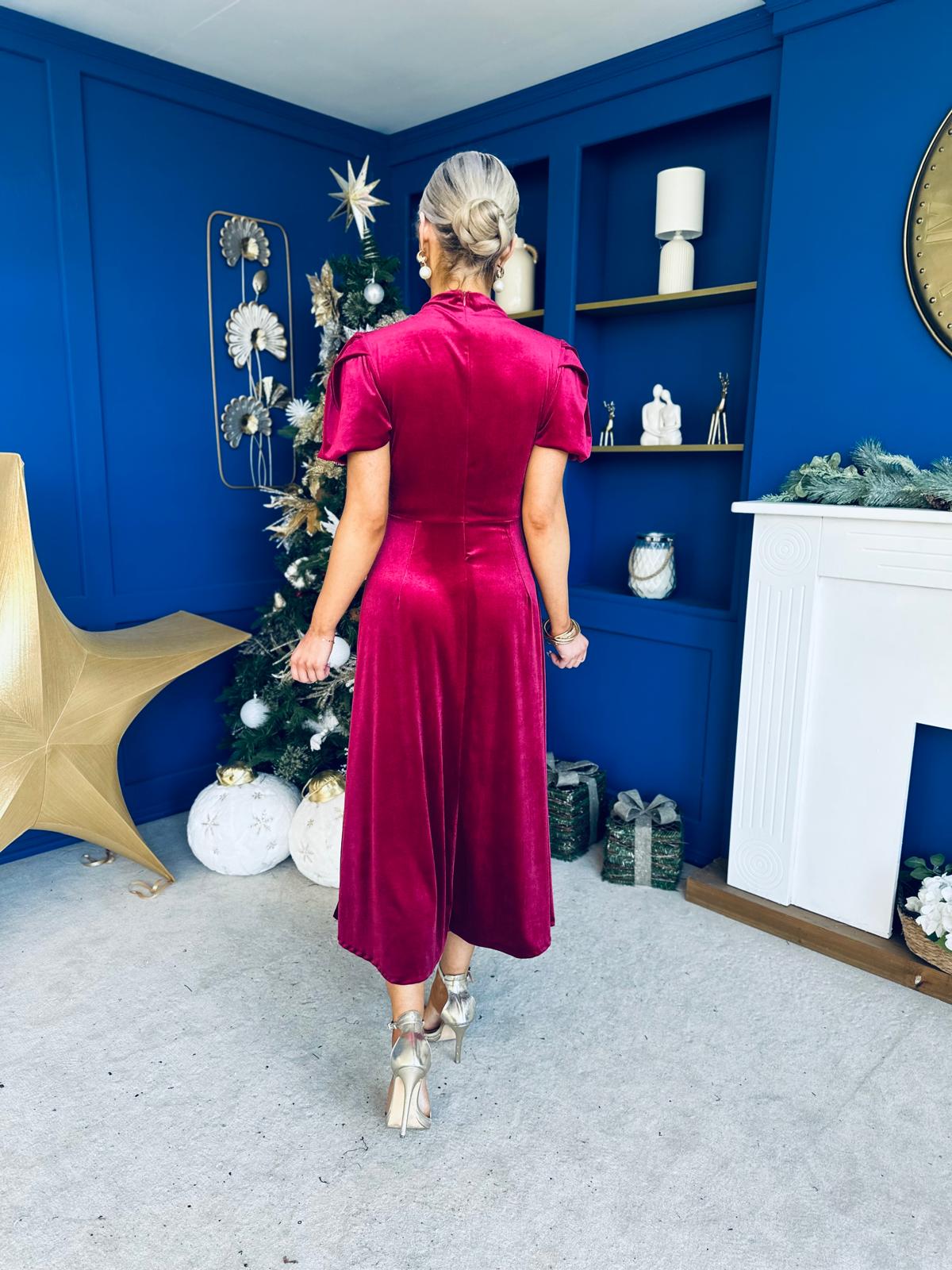 Robyn Pearl Detailed Velvet Midi Dress Wine