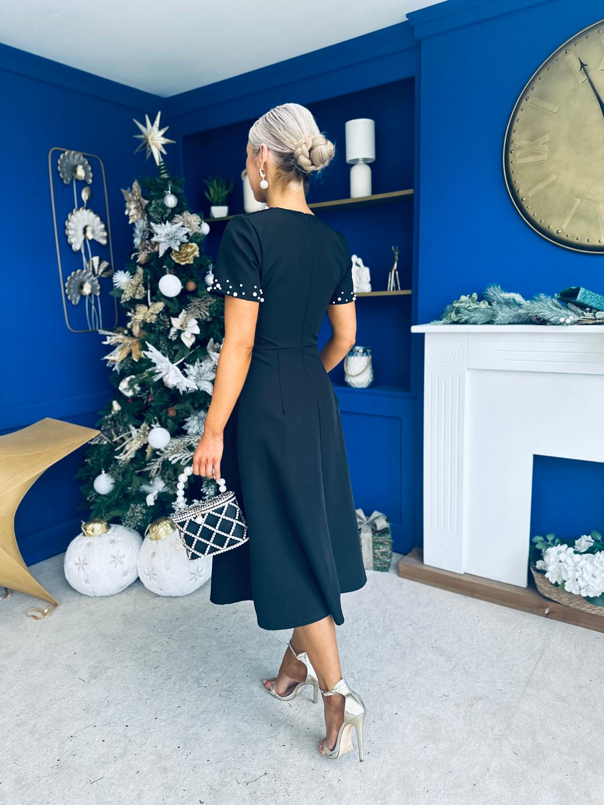 Nigella Pearl Embellished Occasion Dress Black