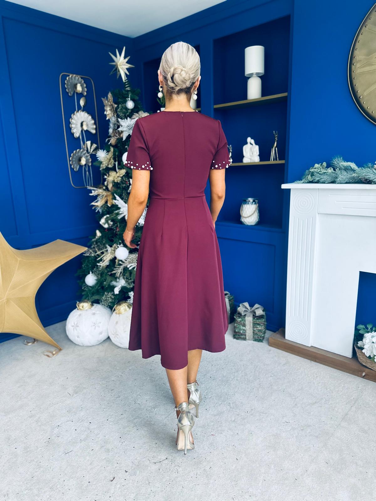 Nigella Pearl Embellished Occasion Dress Burgundy