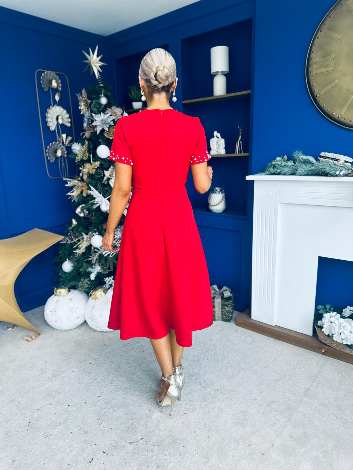 Nigella Pearl Embellished Occasion Dress Red