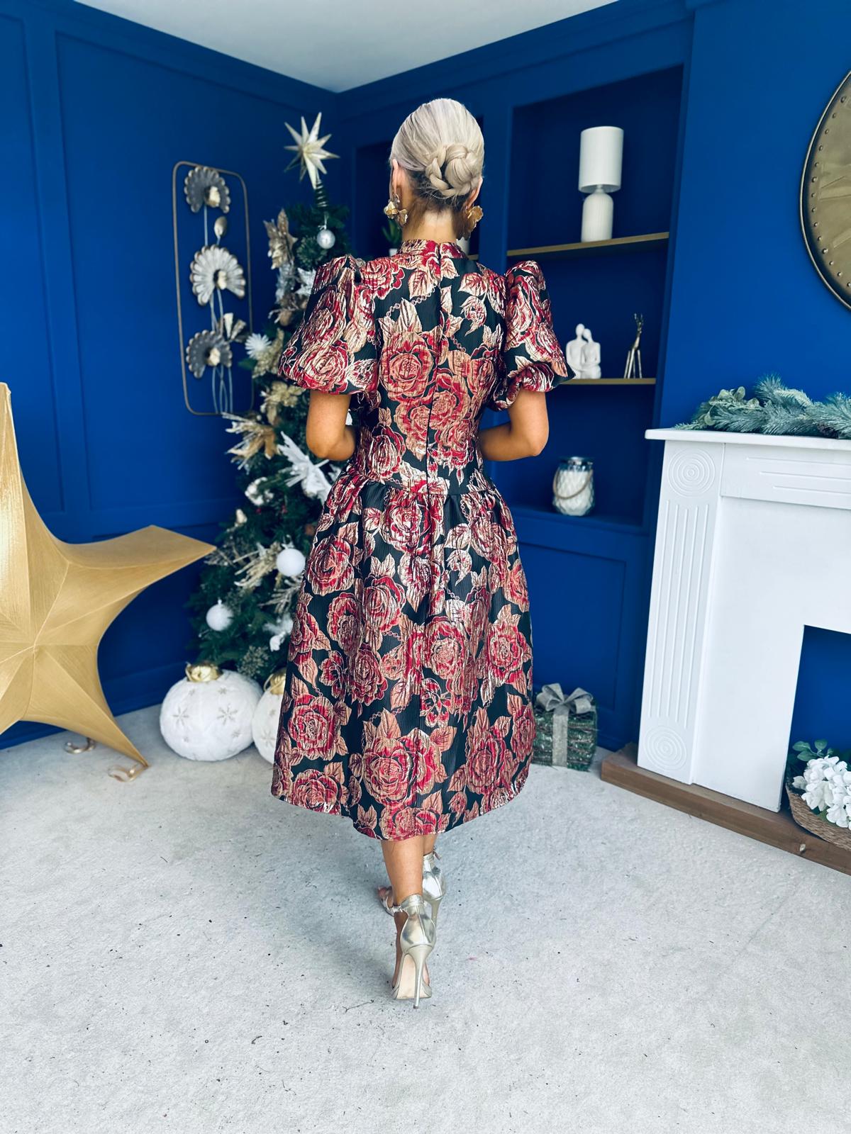 Sinead Puff Sleeve Jaquard Occasion Dress Red