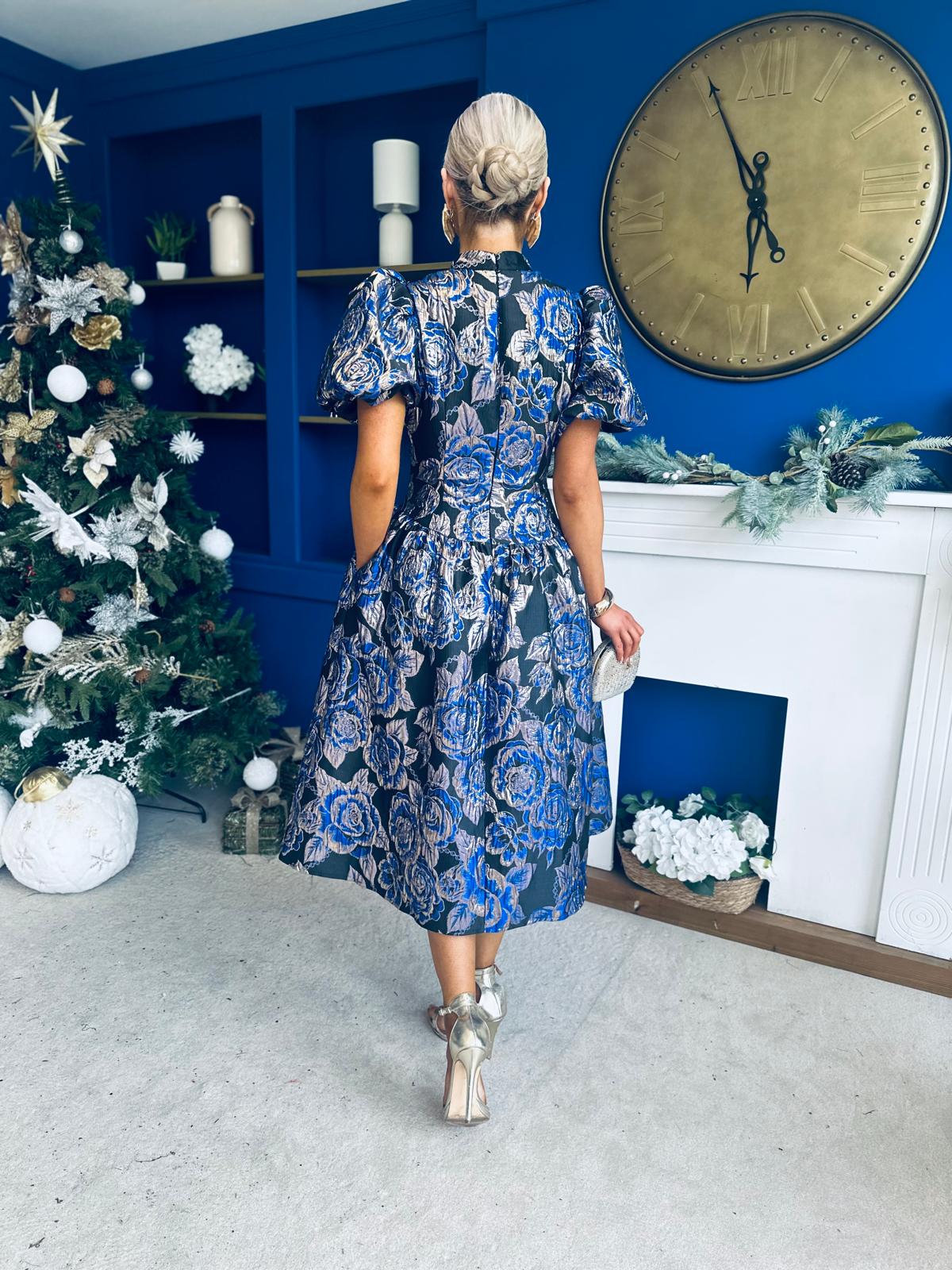 Sinead Puff Sleeve Jaquard Occasion Dress Cobalt