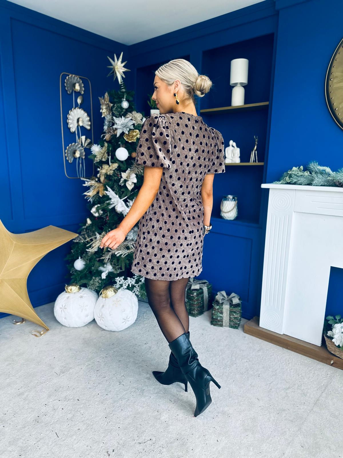 Reda Round Neck Puff Sleeve Mini Dress Polka