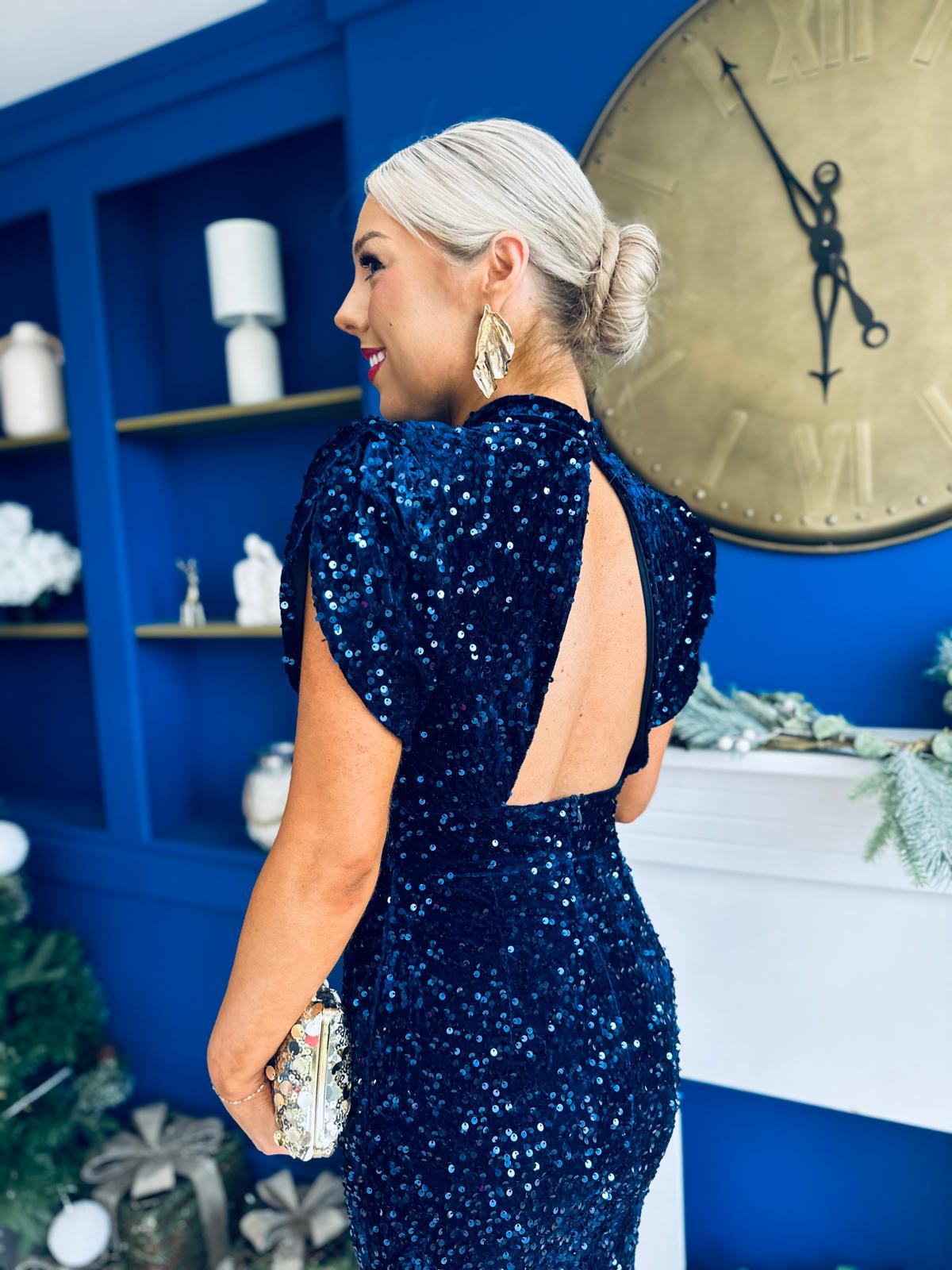 Morgan Sequin Occasion Midi Dress Navy