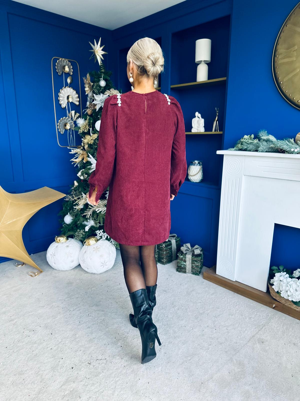 Ila Detailed Cord Mini Shift Dress Burgundy