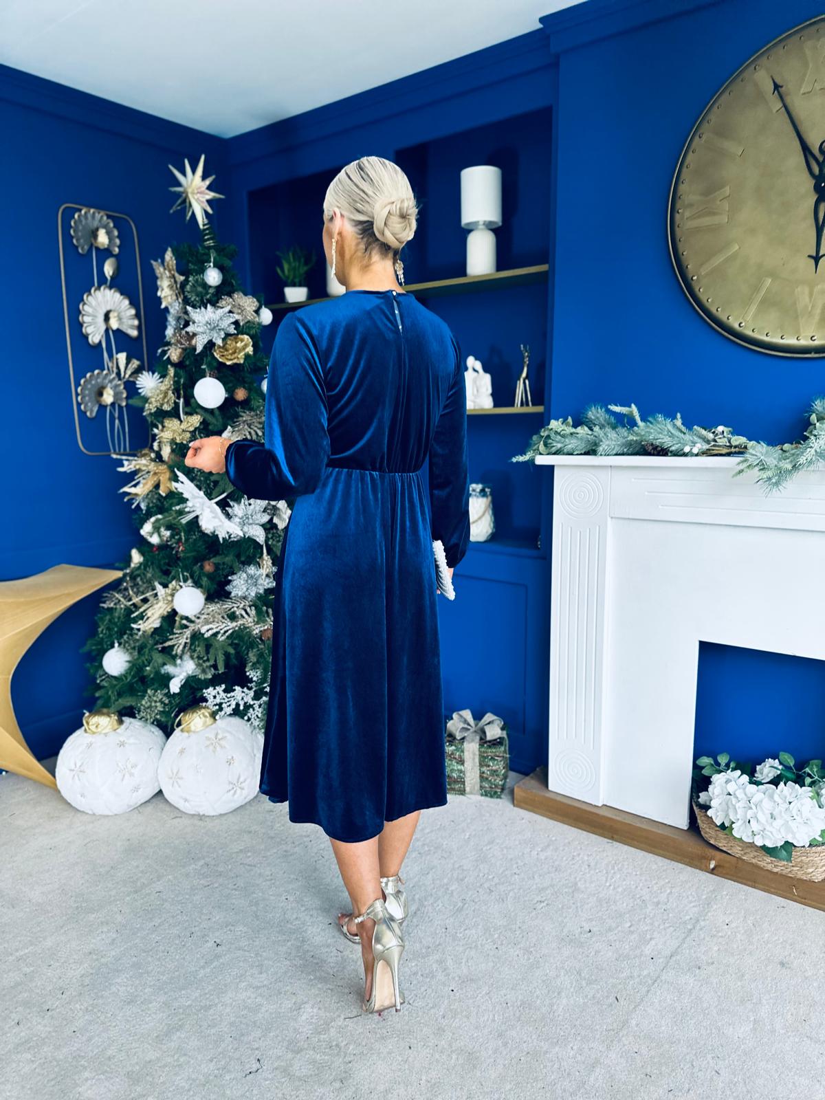 Caroline Bow Detail Velvet Midi Dress Navy