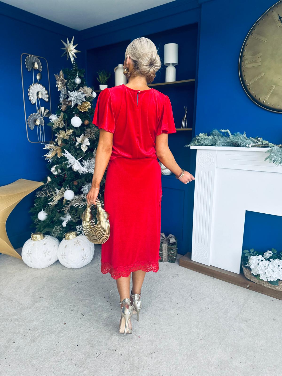 Evie Velvet Top & Skirt Set Red