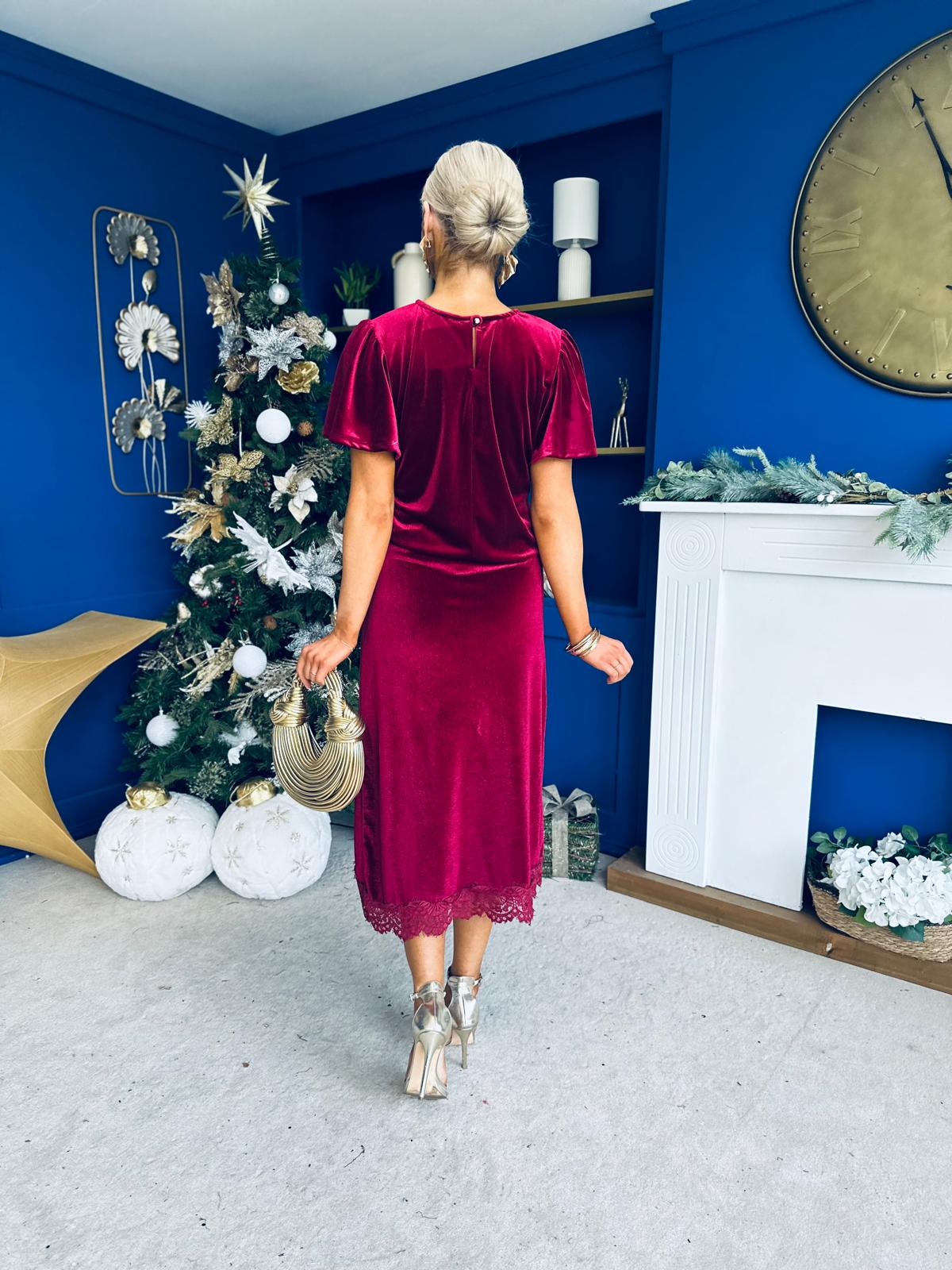 Evie Velvet Top & Skirt Set Wine