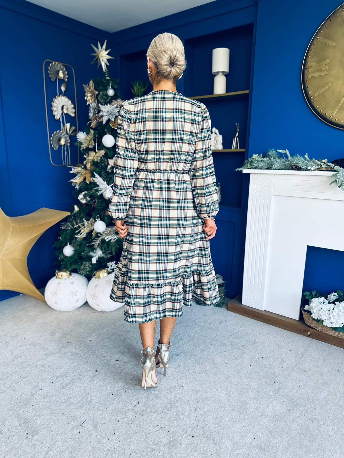 Noelle Detailed Tartin Midi Dress Beige