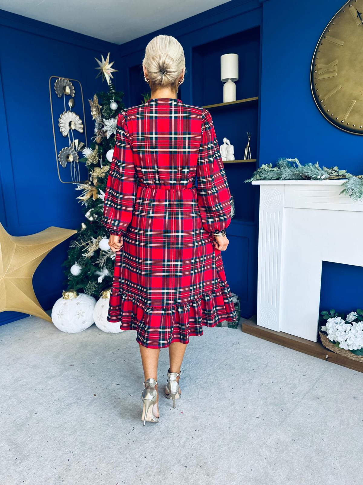 Noelle Detailed Tartin Midi Dress Red