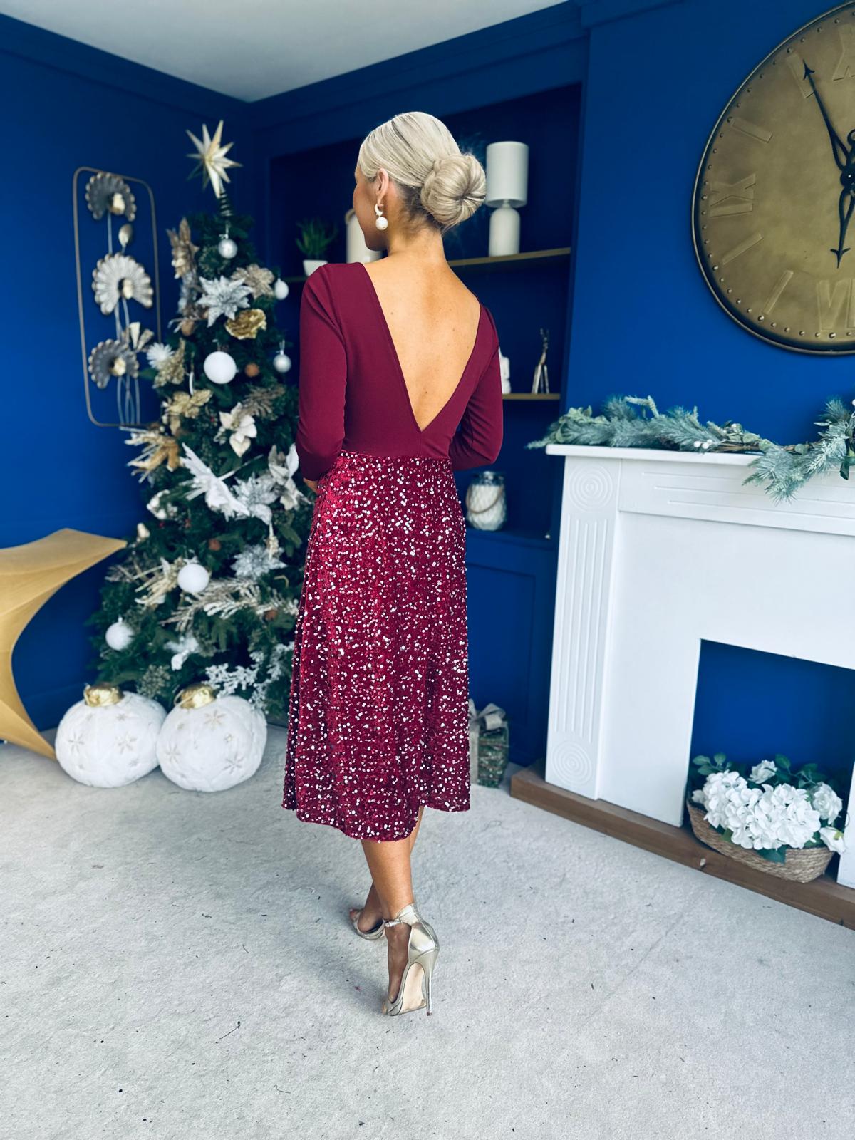 Estelle Sequin Skirt Occasion Dress Wine