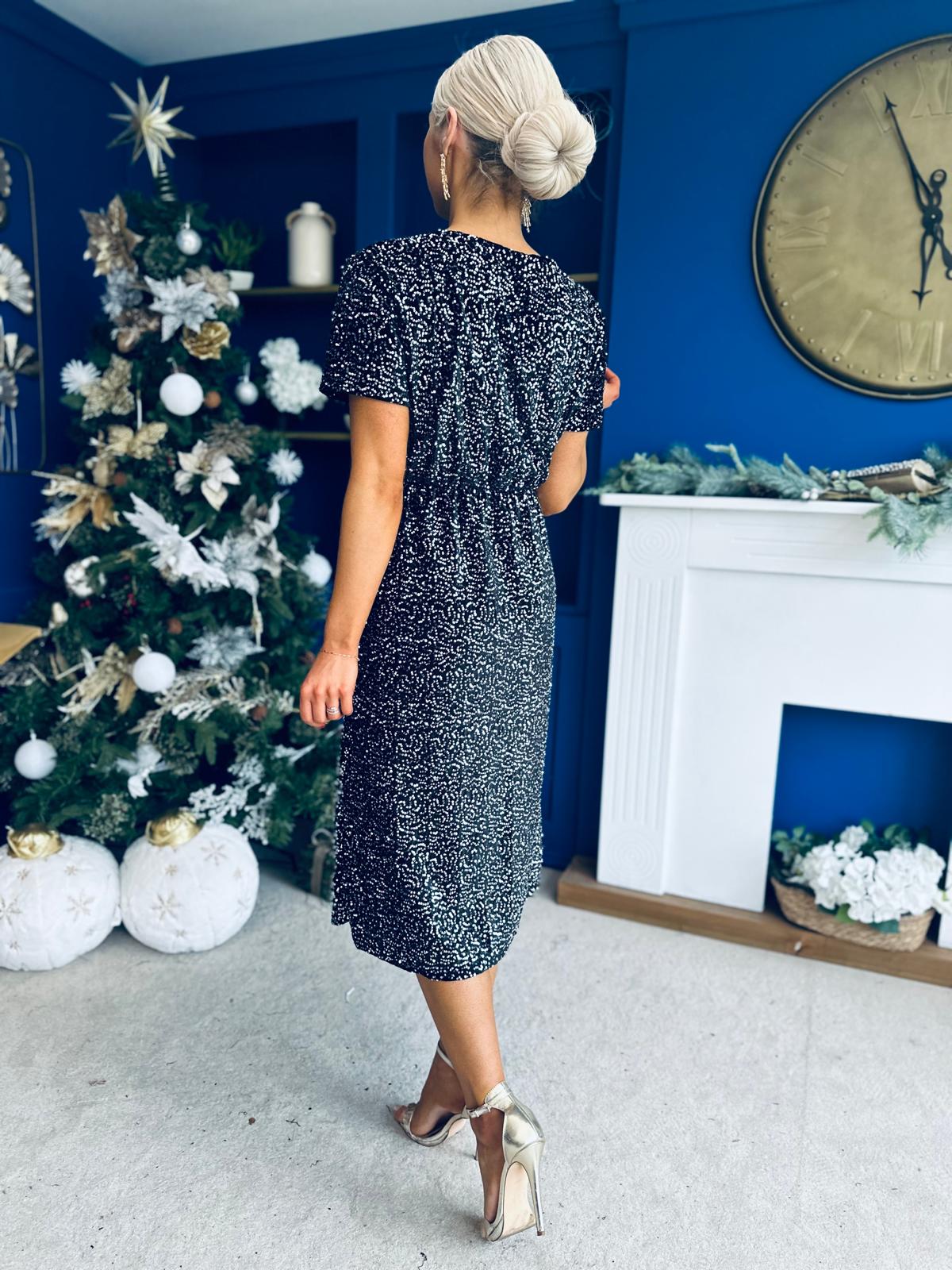 Janette Angel Sleeve Sequin Occasion Dress Black/Silver