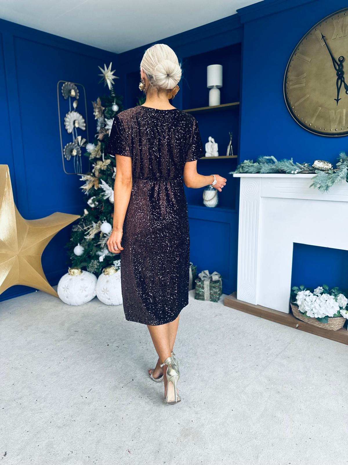 Janette Angel Sleeve Sequin Occasion Dress Coffee