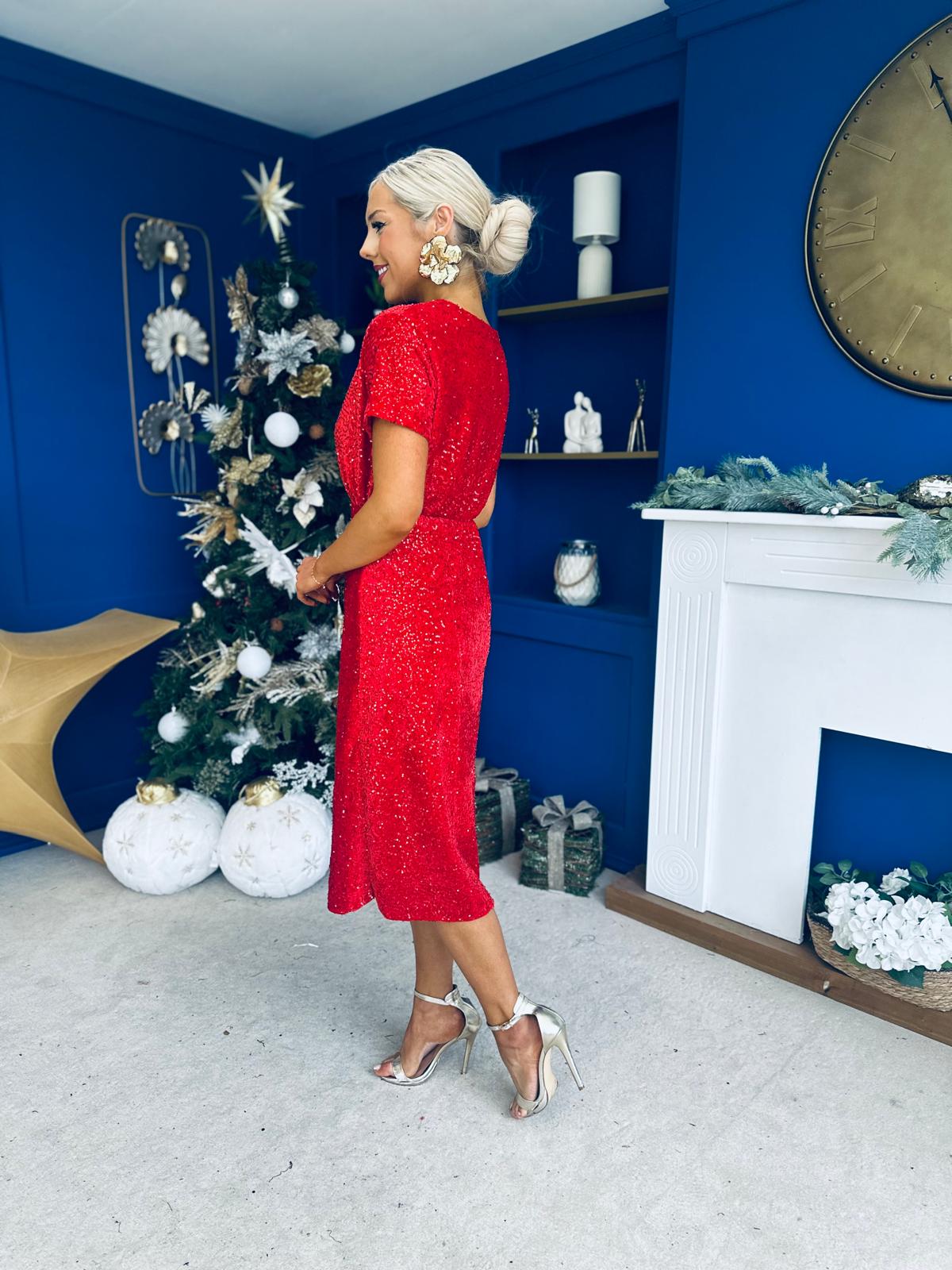 Janette Angel Sleeve Sequin Occasion Dress Red