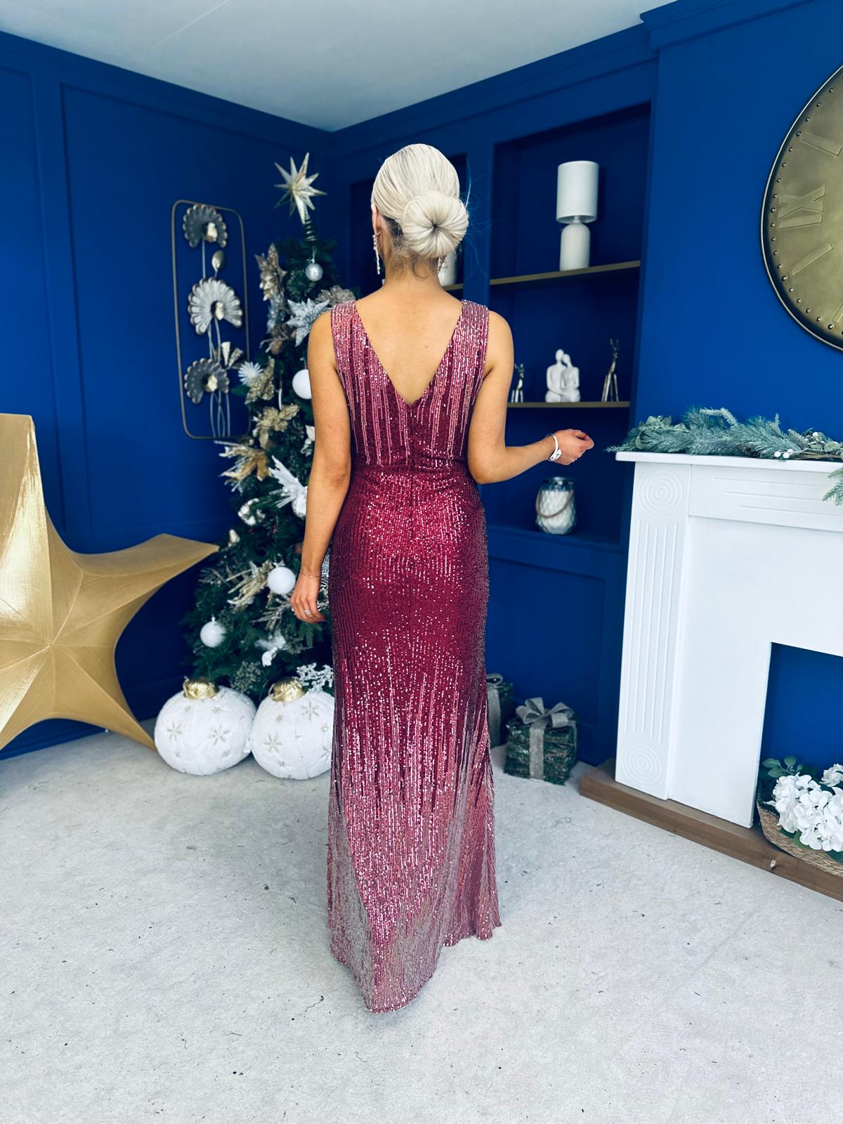 Kim Ombre Sequin Occasion Dress Burgundy