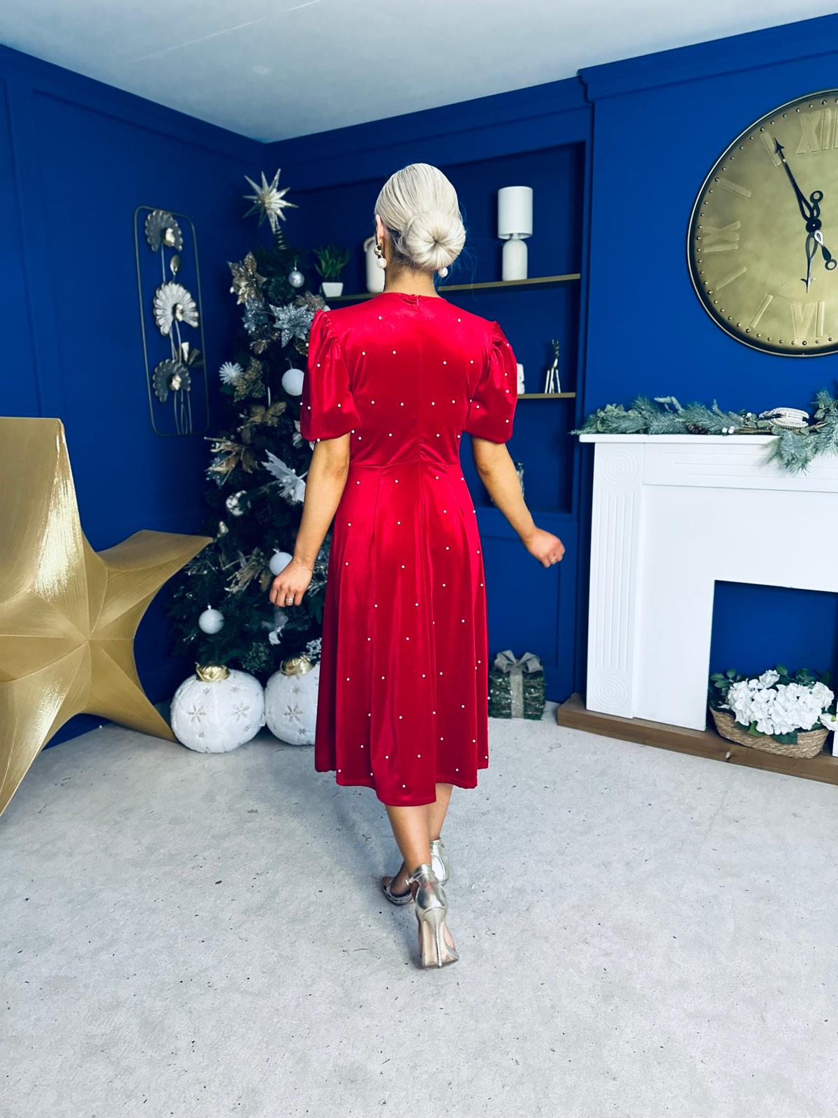Caoimhe Pearl & Velvet Occasion Dress Red Pre Order 13 Dec