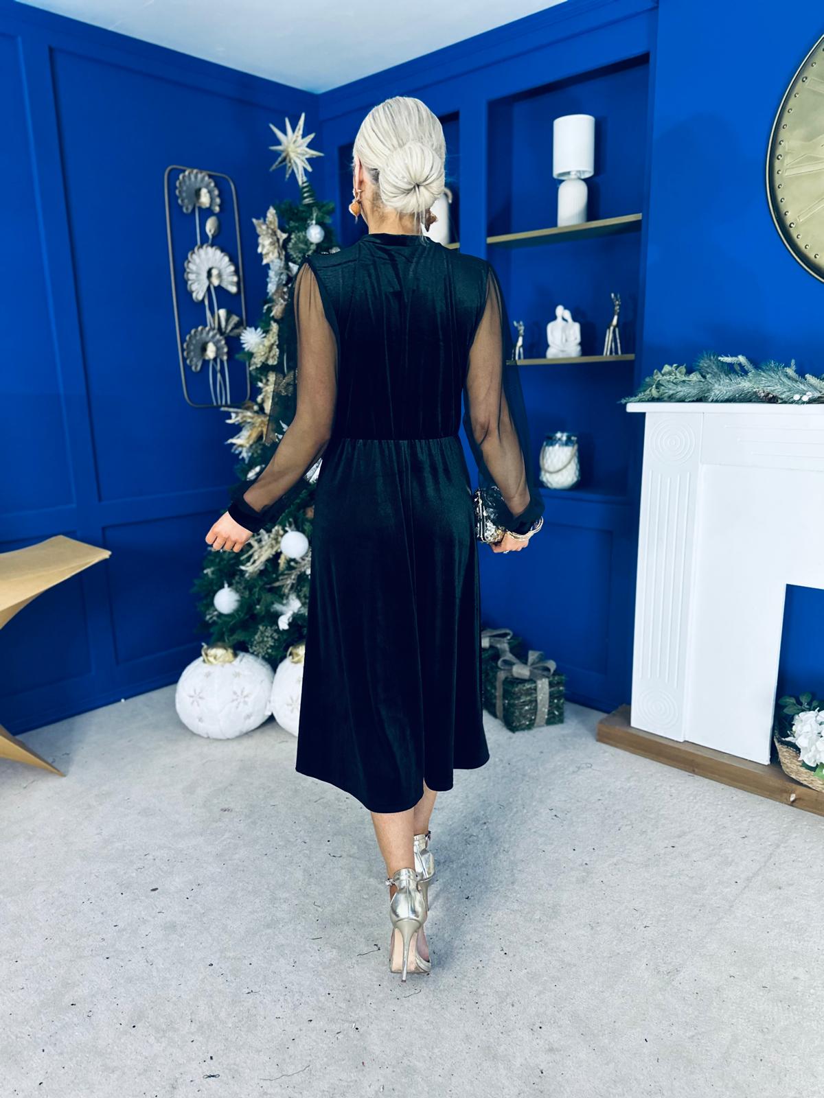 Ruth Sheer Sleeve Velvet Midi Dress Black