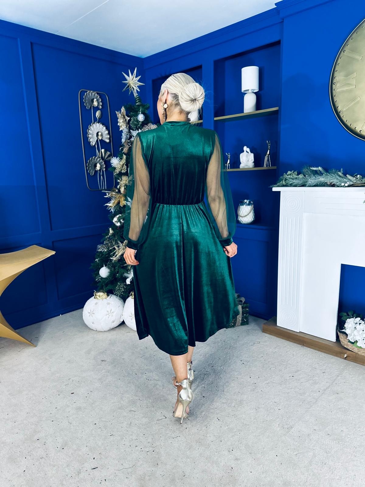 Ruth Sheer Sleeve Velvet Midi Dress Forest