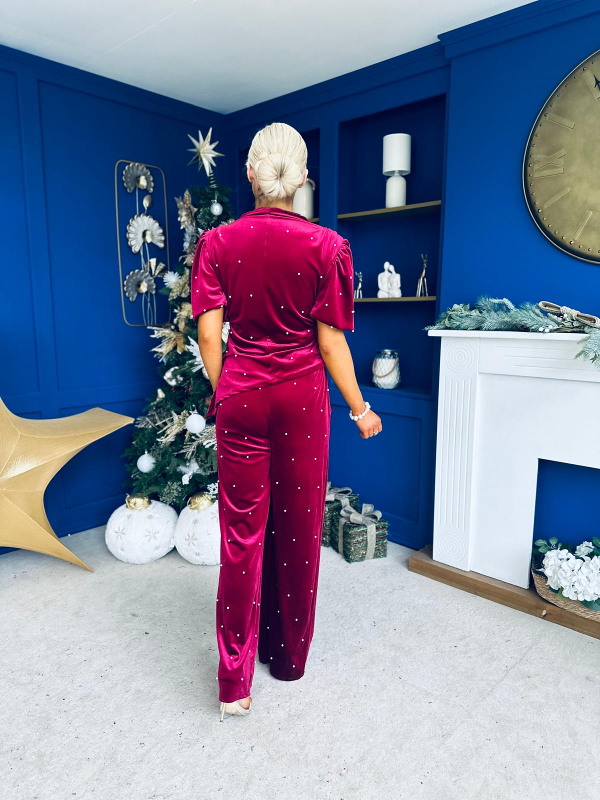 Kate Pearl Detail Top And Trouser Set Velvet Wine