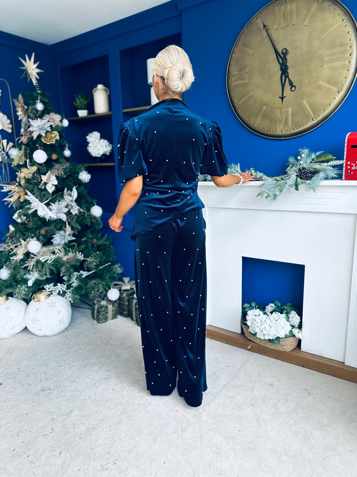 Kate Pearl Detail Top And Trouser Set Velvet Navy