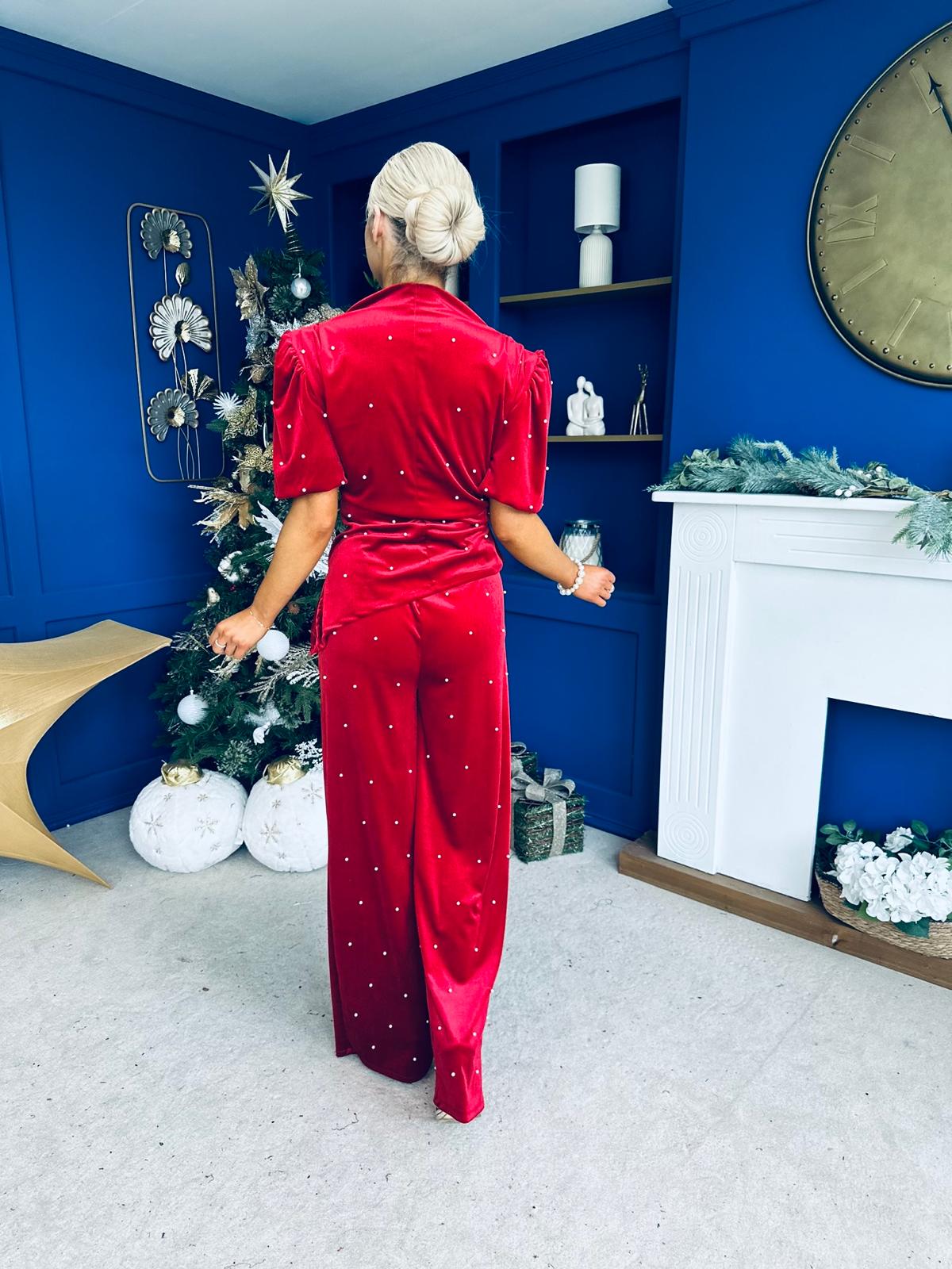 Kate Pearl Detail Top And Trouser Set Velvet Red