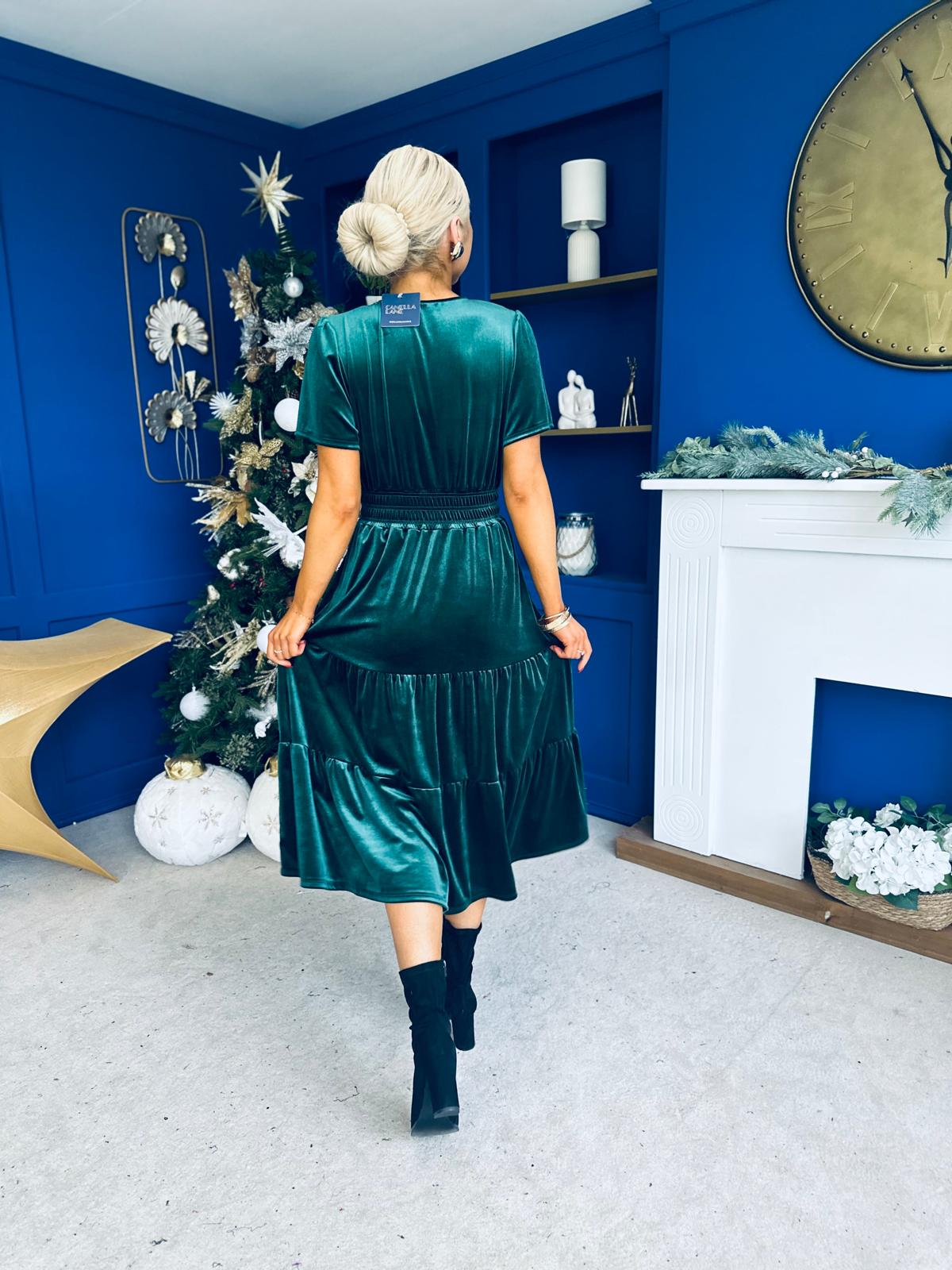 Bethany Detailed Velvet Midi Dress Forest