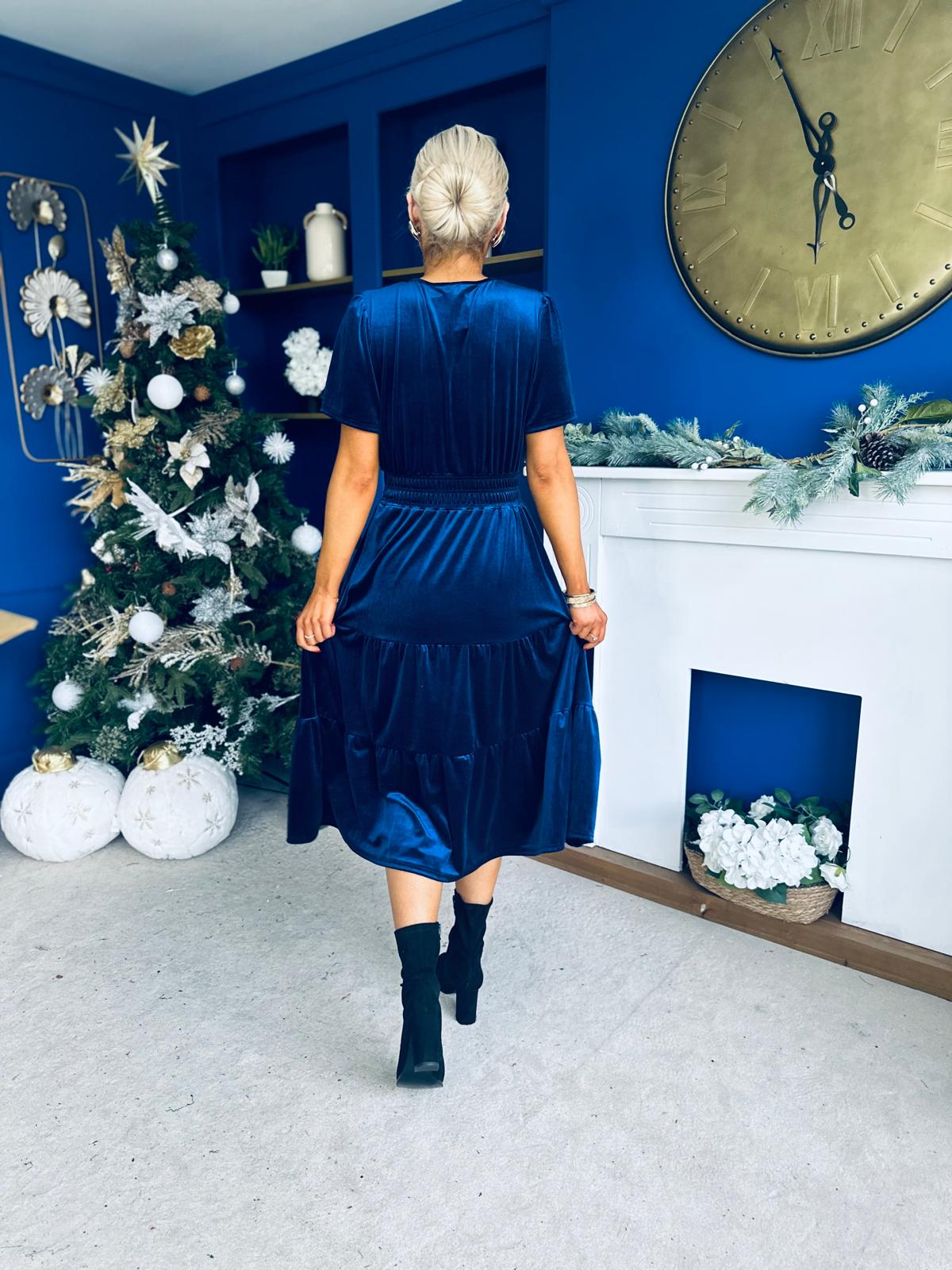 Bethany Detailed Velvet Midi Dress Navy