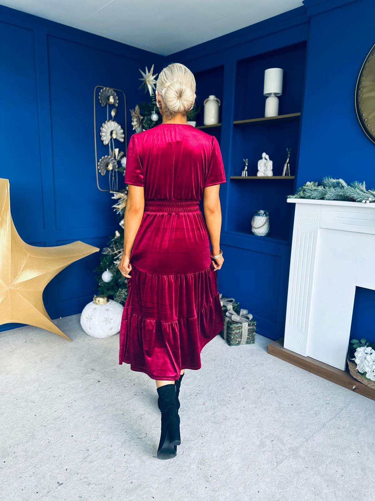 Bethany Detailed Velvet Midi Dress Wine