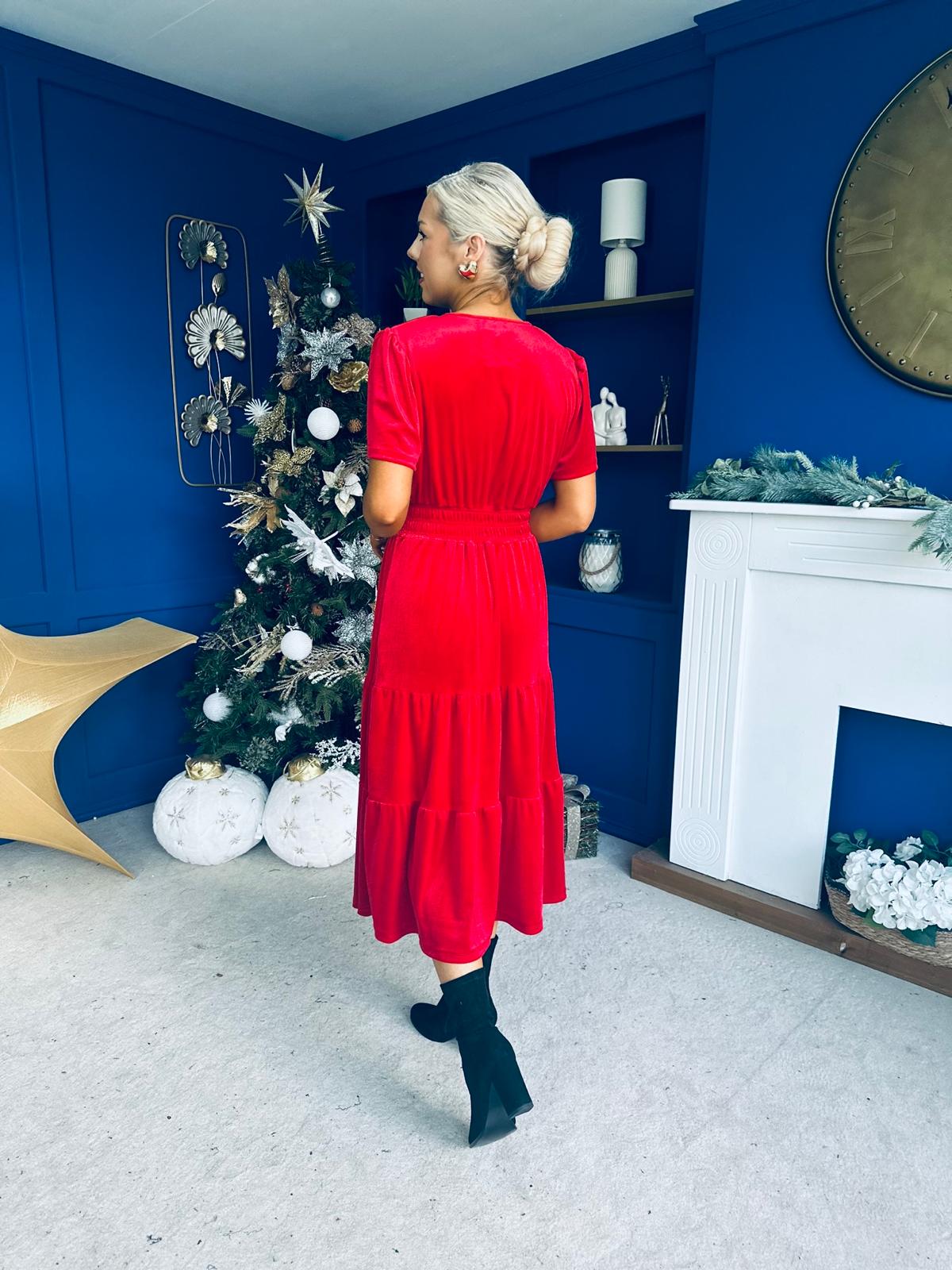 Bethany Detailed Velvet Midi Dress Red