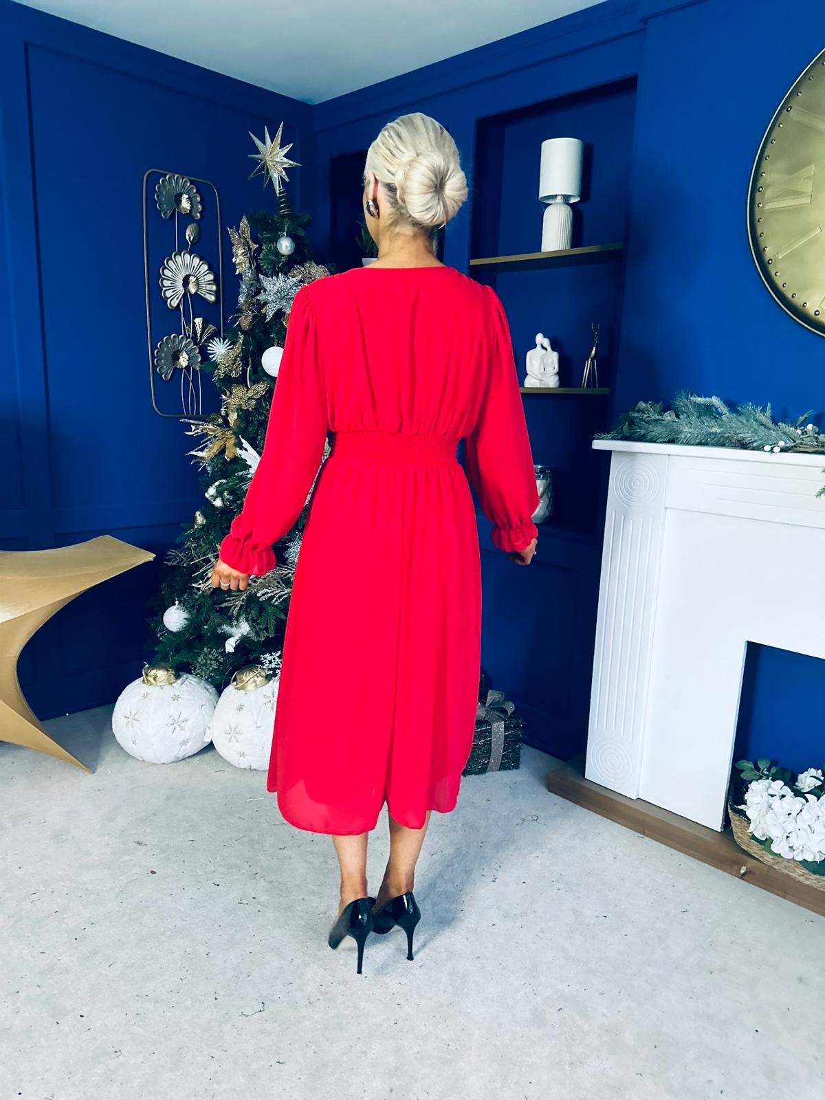 Orlaith Bow Detail Banded Midi Dress Red