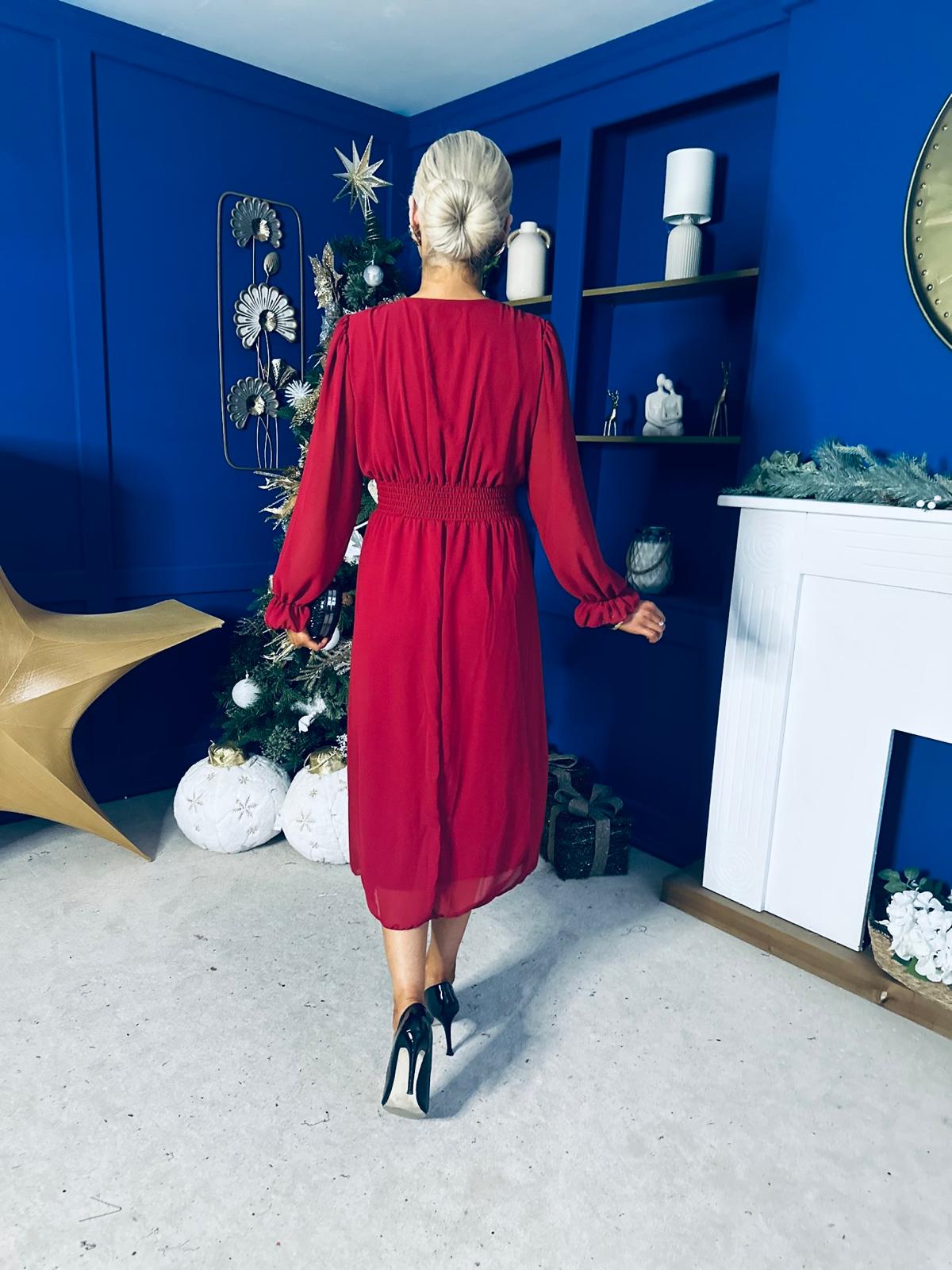 Orlaith Bow Detail Banded Midi Dress Wine