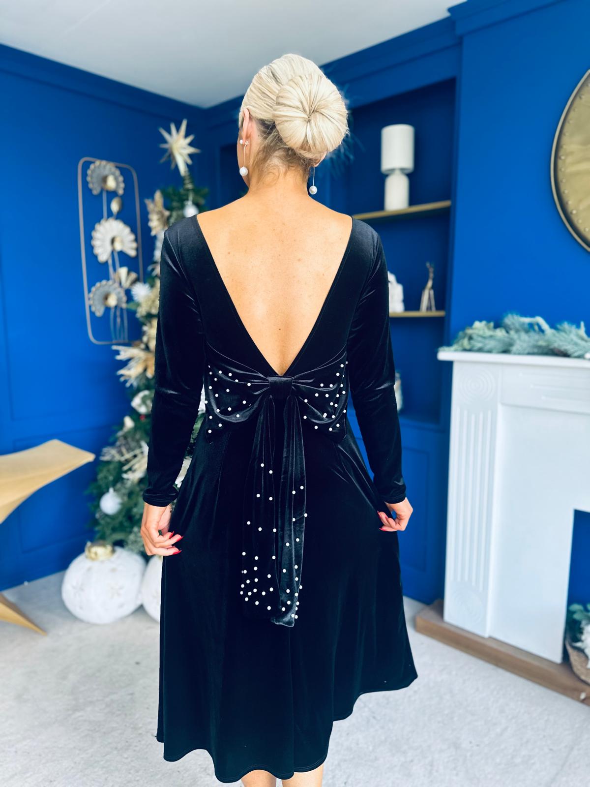 Trudy Pearl & Bow Detail Midi Dress Black