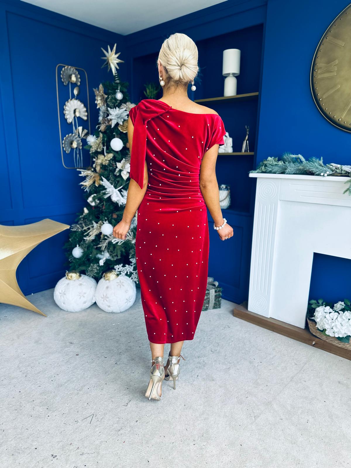 Nicole Bow Detail Pearl Embellished Dress Red